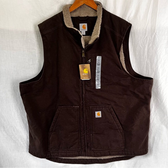 Carhartt Mens 2X Tall Vest Washed Duck Sherpa Lined Mock Neck Dark Brown Canvas - Picture 1 of 16